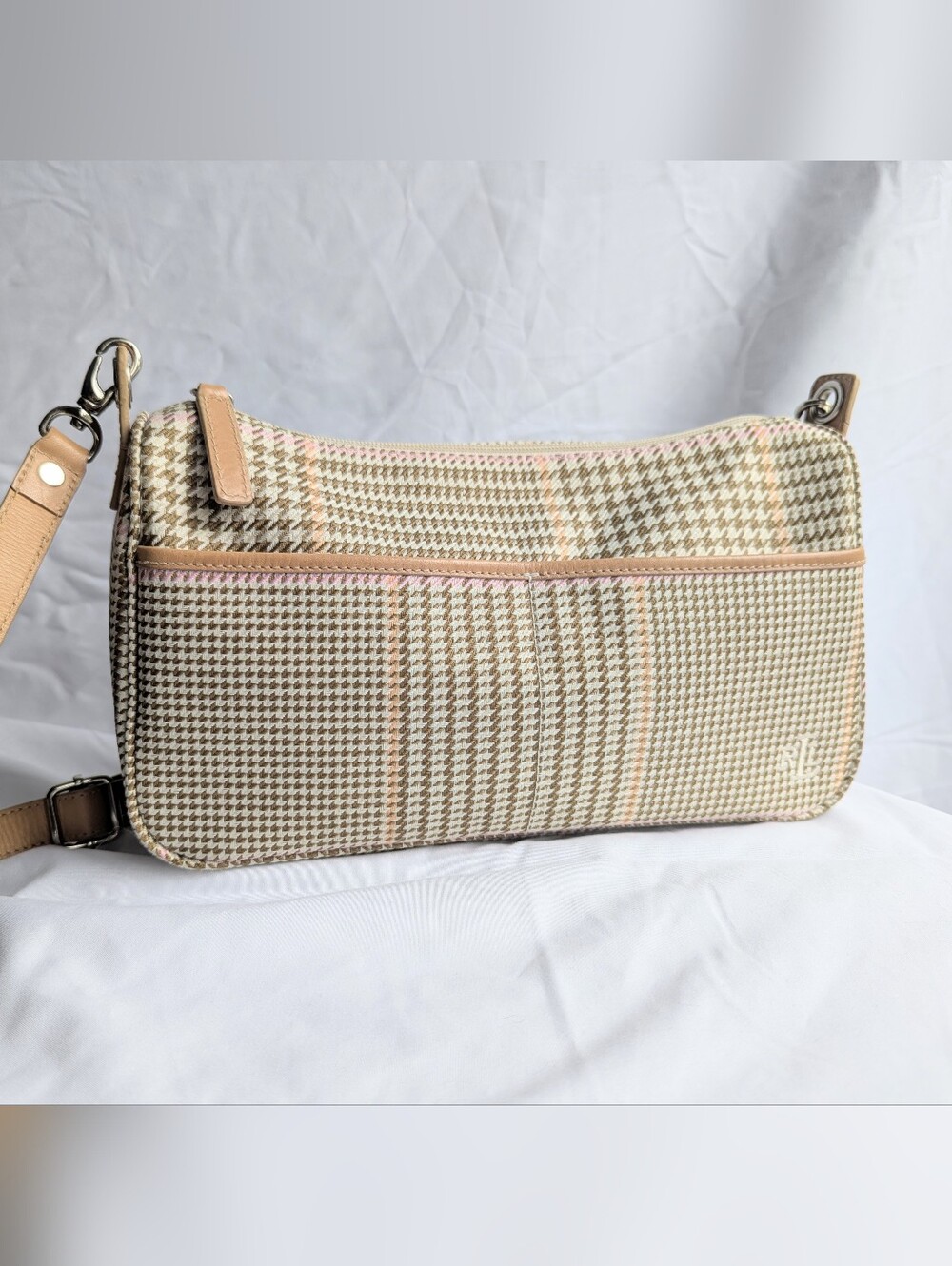 Lauren By Ralph Lauren Beige Houndstooth Canvas Crossbody Bag